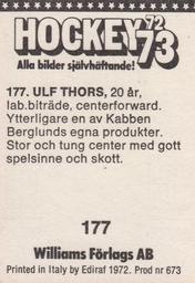 1972-73 Williams Hockey (Swedish) #177 Ulf Thors Back