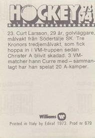 1973-74 Williams Hockey (Swedish) #23 Kurt Carlsson Back