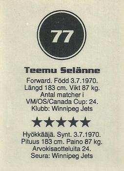 1993 Semic Hockey VM/Jaakiekon MM (Swedish/Finnish) Stickers #77 Teemu Selänne Back