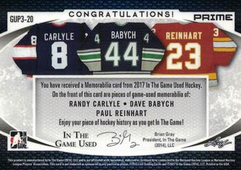 2017 Leaf In The Game Used - Triple Game-Used Patch Green Spectrum Foil #GUP3-20 Randy Carlyle / Dave Babych / Paul Reinhart Back