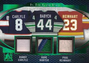 2017 Leaf In The Game Used - Triple Game-Used Patch Green Spectrum Foil #GUP3-20 Randy Carlyle / Dave Babych / Paul Reinhart Front