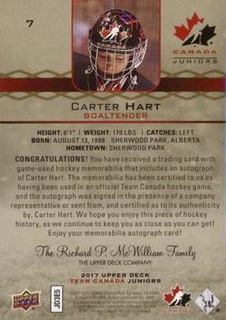 2017 Upper Deck Team Canada Juniors - Premium Materials Autographs #7 Carter Hart Back