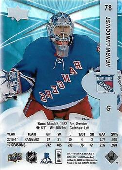 2017-18 Upper Deck Ice #78 Henrik Lundqvist Back