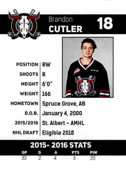 2016-17 Red Deer Rebels (WHL) #NNO Brandon Cutler Back