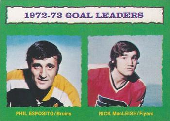 1973-74 O-Pee-Chee - Light Backs #133 1972-73 Goal Leaders (Phil Esposito / Rick MacLeish) Front
