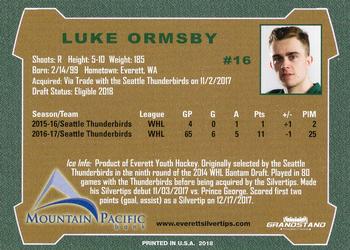 2017-18 Grandstand Everett Silvertips (WHL) #14 Luke Ormsby Back