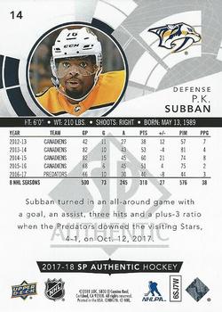 2017-18 SP Authentic - Limited Red #14 P.K. Subban Back