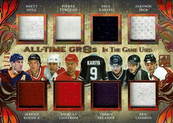 2017-18 Leaf In The Game Used - All Time Gr8s #AT8-04 Brett Hull / Jeremy Roenick / Pierre Turgeon / Nicklas Lidstrom / Paul Kariya / Teemu Selanne / Jaromír Jágr / Eric Lindros Front