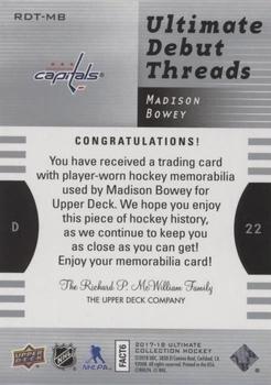 2017-18 Upper Deck Ultimate Collection - 2007-08 Retro Debut Threads #RDT-MB Madison Bowey Back