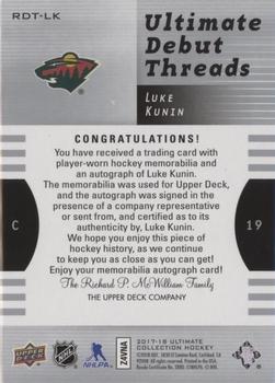 2017-18 Upper Deck Ultimate Collection - 2007-08 Retro Debut Threads Patch Auto #RDT-LK Luke Kunin Back