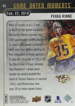 2017-18 Upper Deck Game Dated Moments #53 Pekka Rinne Back