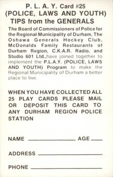 1981-82 Oshawa Generals (OHL) Police #25 Durham Regional Police Back