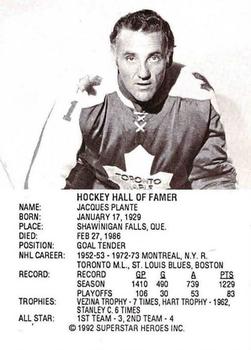 1992-93 SuperStar Heroes Hall of Fame (unlicensed) #NNO Jacques Plante Back