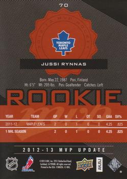 2012-13 SP Authentic - 2012-13 Upper Deck MVP Rookie Updates #70 Jussi Rynnas Back