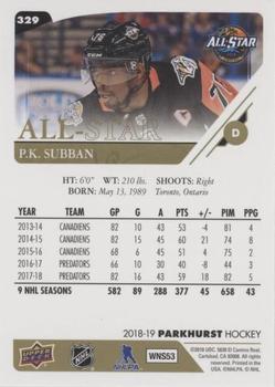 2018-19 Parkhurst - Gold (e-Pack Version) #329 P.K. Subban Back