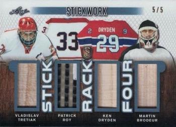 2017-18 Leaf Stickwork - Stick Rack 4 - Platinum #SR4-07 Vladislav Tretiak / Patrick Roy / Ken Dryden / Martin Brodeur Front