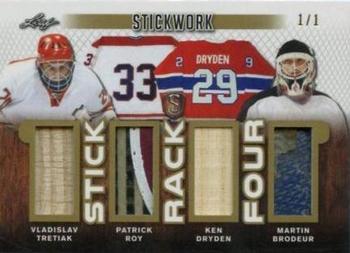 2017-18 Leaf Stickwork - Stick Rack 4 - Gold #SR4-07 Vladislav Tretiak / Patrick Roy / Ken Dryden / Martin Brodeur Front