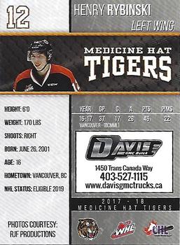 2017-18 Medicine Hat Tigers (WHL) #23 Henry Rybinski Back