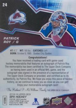 2018-19 SPx - Autograph Premium Material Gold #24 Patrick Roy Back