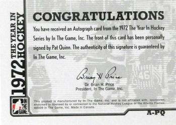 2015-16 In The Game Final Vault - 2009-10 In The Game 1972 The Year In Hockey - Autographs (Black Vault Stamp) #A-PQ Pat Quinn Back