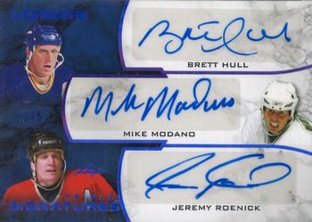 2018-19 Leaf Ultimate - Ultimate Triple Signatures - Purple #US3-06 Brett Hull / Mike Modano / Jeremy Roenick Front