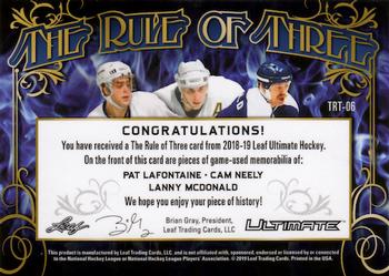 2018-19 Leaf Ultimate - The Rule of Three - Platinum Blue #TRT-06 Pat LaFontaine / Cam Neely / Lanny McDonald Back