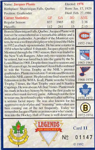 1992-96 Hockey Hall of Fame Legends of Hockey #11 Jacques Plante Back