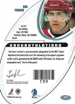 2015-16 In The Game Final Vault - 2002-03 Be A Player Signature Series - Autographs Gold (Black Vault Stamp) #171 Ron Francis Back