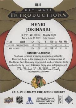 2018-19 Upper Deck Ultimate Collection - Ultimate Introductions Autographs #UI-5 Henri Jokiharju Back