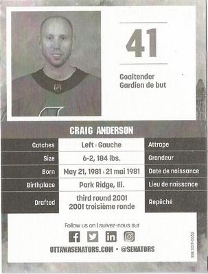 2017-18 Ottawa Senators Fan Pack #NNO Craig Anderson Back