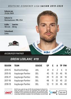 2019-20 Playercards (DEL) #DEL-011 Drew LeBlanc Back