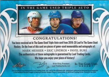 2019-20 Leaf In The Game Used - Triple Autographs - Magenta Spectrum Foil #TA-03 Mark Messier / Eric Lindros / Pavel Bure Back
