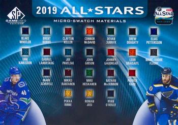 2019-20 SP Game Used - 2019 NHL All-Star Micro-Swatch Materials Achievements #ASA-2 B. Wheeler/B. Burns/C. Keller/C. McDavid/D. Dubnyk/D. Doughty/E. Pettersson/E. Karlsson/G. Landeskog/J. Pavelski/J. Gibson/J. Gaudreau/L. Draisaitl/M-A Fleury/M. Scheifele/M. Rantanen/M. Heiskanen/N. MacKinnon/P. Kane/P. Rinne/R. Josi/R. O'Reilly Front