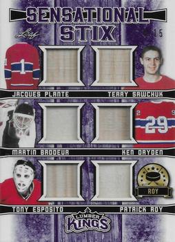 2019-20 Leaf Lumber Kings - Sensational Stix Purple #SS-02 Jacques Plante / Terry Sawchuk / Martin Brodeur / Ken Dryden / Tony Esposito / Patrick Roy Front