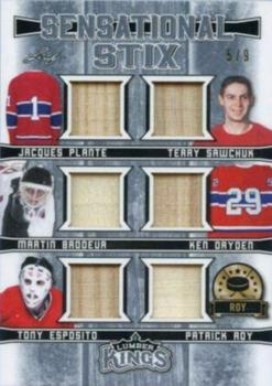 2019-20 Leaf Lumber Kings - Sensational Stix Platinum #SS-02 Jacques Plante / Terry Sawchuk / Martin Brodeur / Ken Dryden / Tony Esposito / Patrick Roy Front