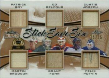 2019-20 Leaf Lumber Kings - Stick Save Six Bronze #SSS-06 Patrick Roy / Martin Brodeur / Ed Belfour / Grant Fuhr / Curtis Joseph / Felix Potvin Front