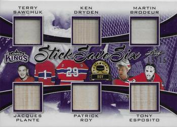 2019-20 Leaf Lumber Kings - Stick Save Six Purple #SSS-01 Terry Sawchuk / Jacques Plante / Ken Dryden / Patrick Roy / Martin Brodeur / Tony Esposito Front