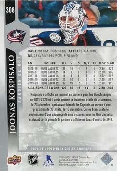 2020-21 Upper Deck - French #308 Joonas Korpisalo Back