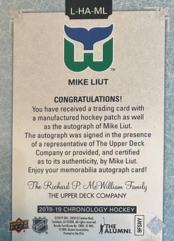 2019-20 Upper Deck Chronology - 2018-19 Upper Deck Chronology Update: Letterman Patches Manufactured Letter Relics #L-HA-ML Mike Liut Back