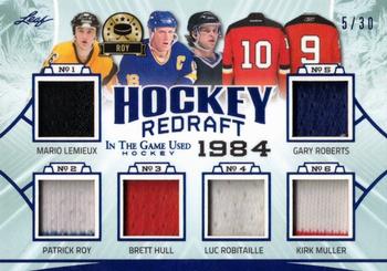 2020-21 Leaf In The Game Used - Hockey Redraft Navy Blue #HR-08 Mario Lemieux / Patrick Roy / Brett Hull / Luc Robitaille / Kirk Muller / Gary Roberts Front