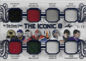 2020-21 Leaf In The Game Used - The Iconic 8 Navy Blue #TI8-03 Patrick Roy / Dominik Hasek / Martin Brodeur / Ed Belfour / Grant Fuhr / Curtis Joseph / Ron Hextall / John Vanbiesbrouck Front