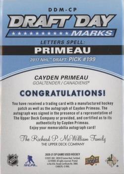 2020-21 SP Game Used - Draft Day Marks Rookies #DDM-CP Cayden Primeau Back