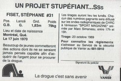 1989-90 Quebec Nordiques Vanier Police #NNO Stephane Fiset Back