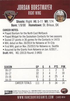 2016-17 Choice Vancouver Giants (WHL) #14 Jordan Borstmayer Back