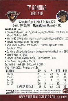 2016-17 Choice Vancouver Giants (WHL) #23 Ty Ronning Back