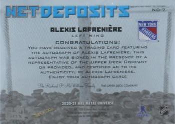 2020-21 SkyBox Metal Universe - Net Deposits Gold Autographs #ND-7 Alexis Lafreniere Back