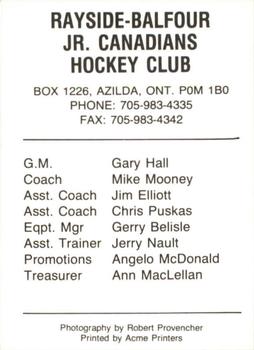 1991-92 Rayside-Balfour Jr. Canadians (NOJHL) #NNO Header Card Back