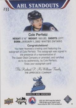 2020-21 Upper Deck AHL - Autographs #233 Cole Perfetti Back