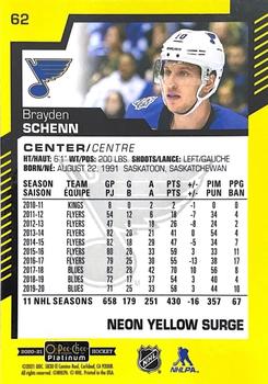 2020-21 O-Pee-Chee Platinum - Neon Yellow Surge #62 Brayden Schenn Back