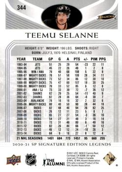 2020-21 SP Signature Edition Legends #344 Teemu Selanne Back